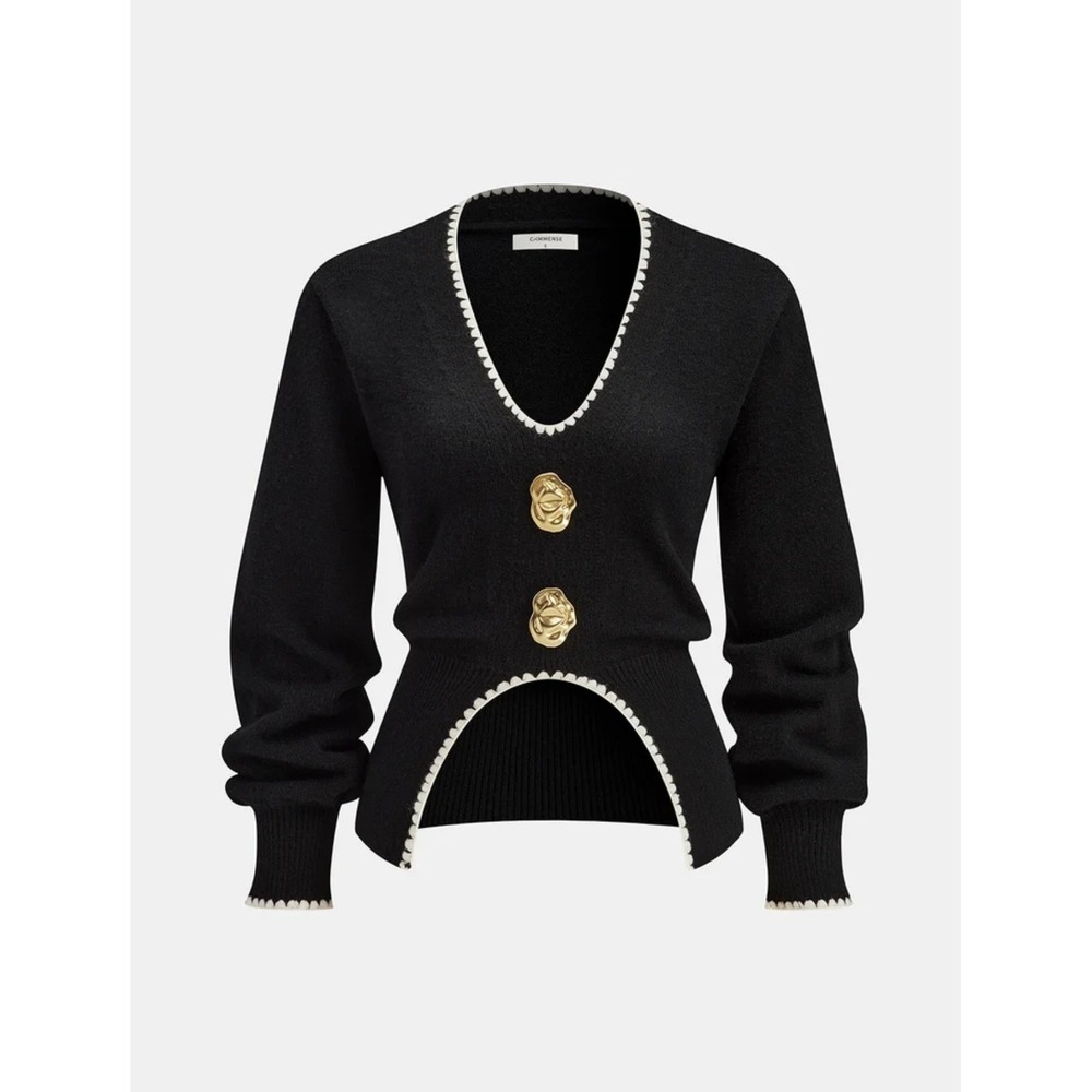 Commense Buttoned Contrast Sweater Fringe Split Women L Black NWT